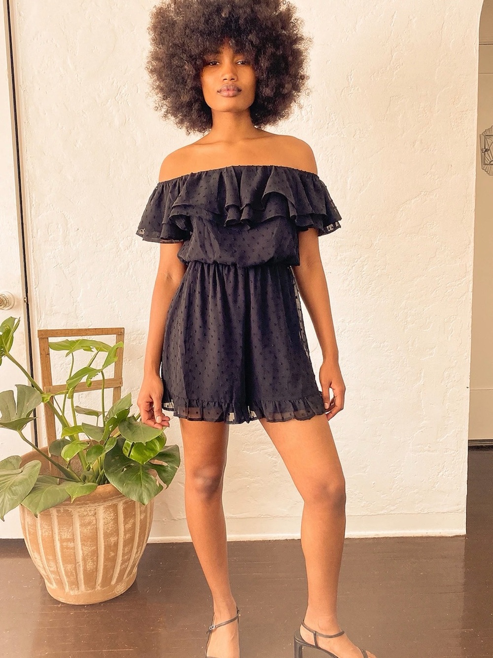 NWT Lulus FRILLED TO BITS Off-Shoulder Black Swiss Dot Romper size Small